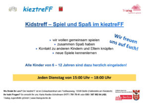 Neues Angebot für Kinder im kieztreFF im Einkaufszentrum am Posthausweg. Im Kidstreff wollen wir gemeinsam spielen.