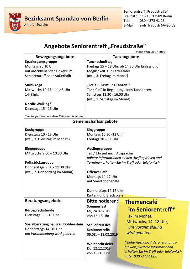 Angebote im neuen Seniorentreff Freudstraße