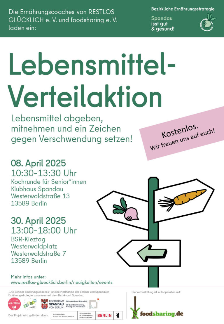 Im April 2025 können im Falkenhagener Feld überschüssige Lebensmittel kostenlos abgegeben oder mitgenommen werden