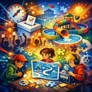 Escape-Game zu Mitbestimmung für Kinder (KI-Illu: www.salecker.info)